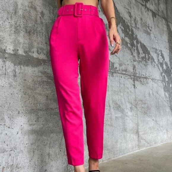 Hot Pink Belted Classic business chicf Tapered Pants - Picture 6 of 8